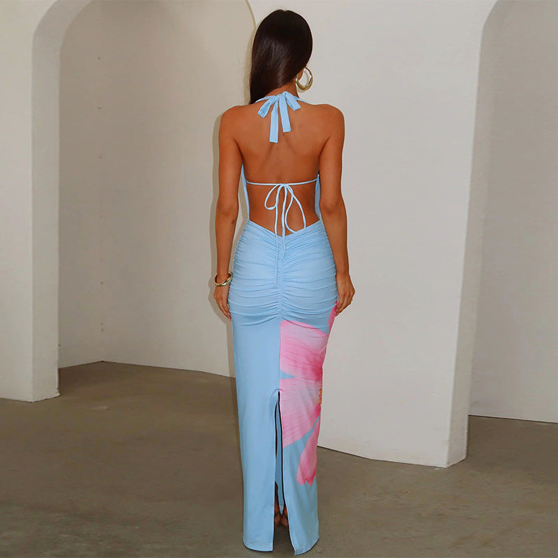 Lace-up Halter-neck Chic Printed Dress For Women